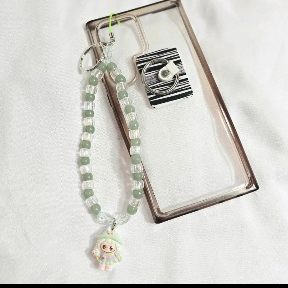 Cute Pastel Green Girly Dainty Elegant Beaded Labubu Phone Charm or Wrist Strap